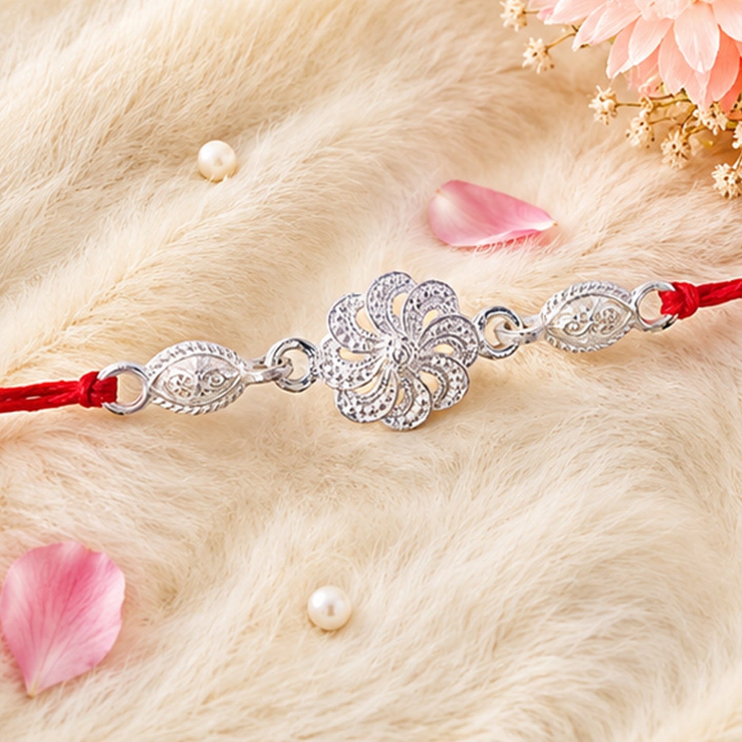Silver Floral Chain Design Rakhi for Brother Bhai Raksha Bandhan Festival Special Gift