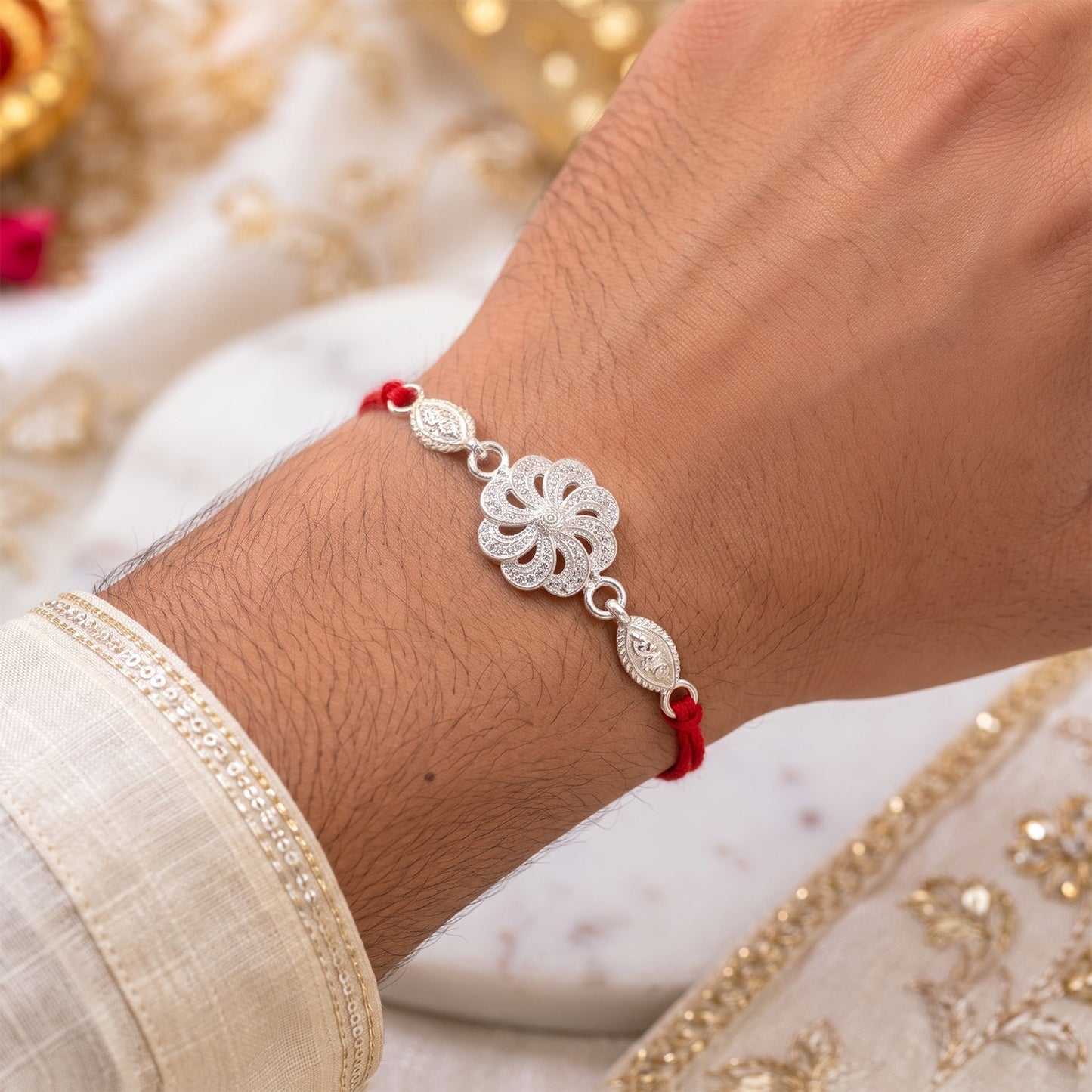 Silver Floral Chain Design Rakhi for Brother Bhai Raksha Bandhan Festival Special Gift