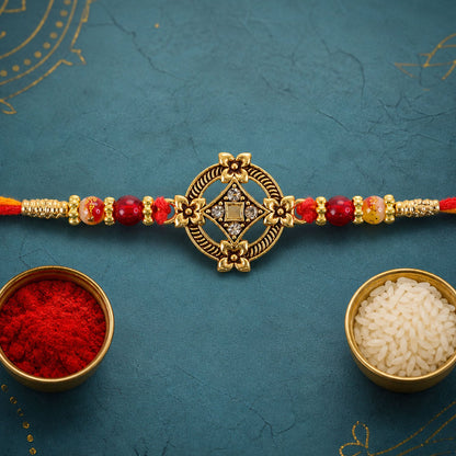 Golden Antique Floral Rakhi with Crystal Stones Rakhi for Brother