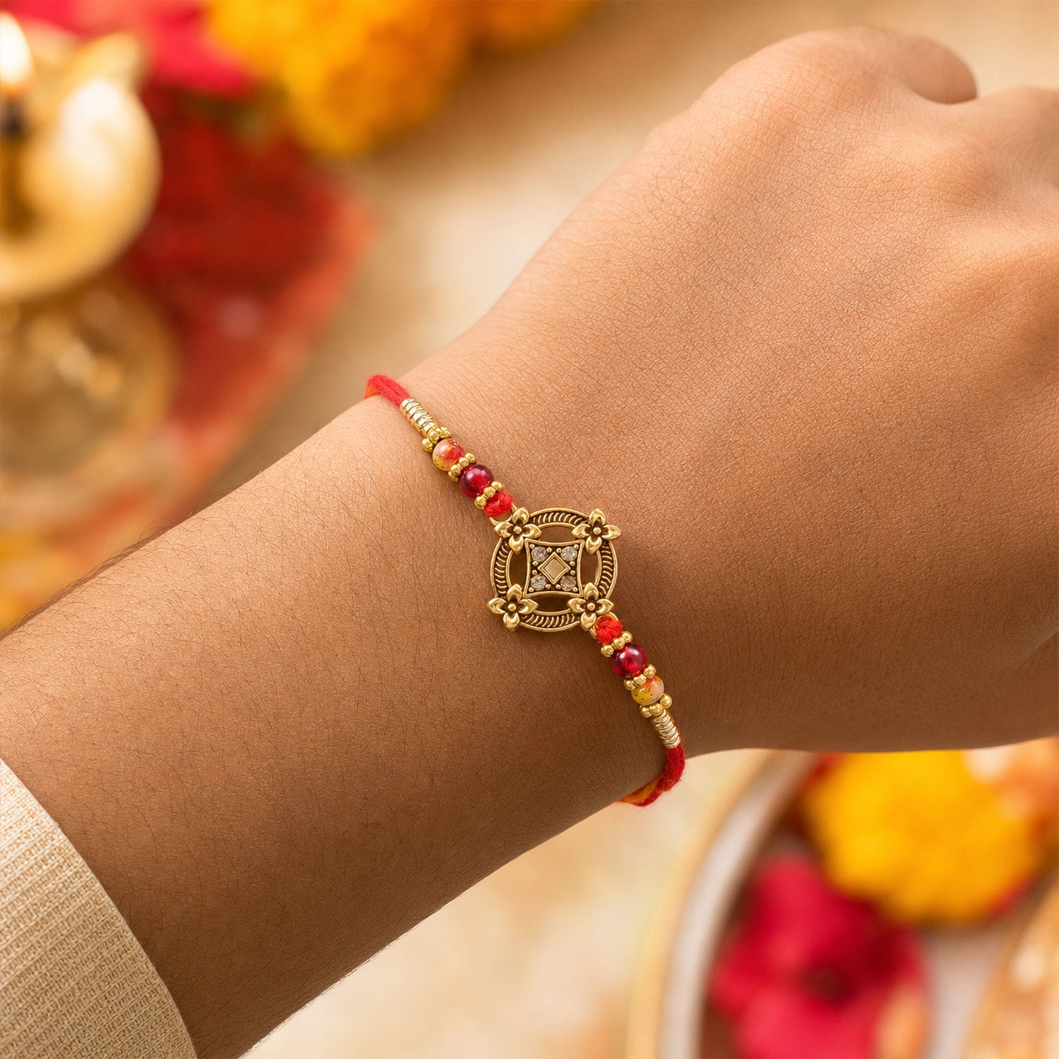 Golden Antique Floral Rakhi with Crystal Stones Rakhi for Brother