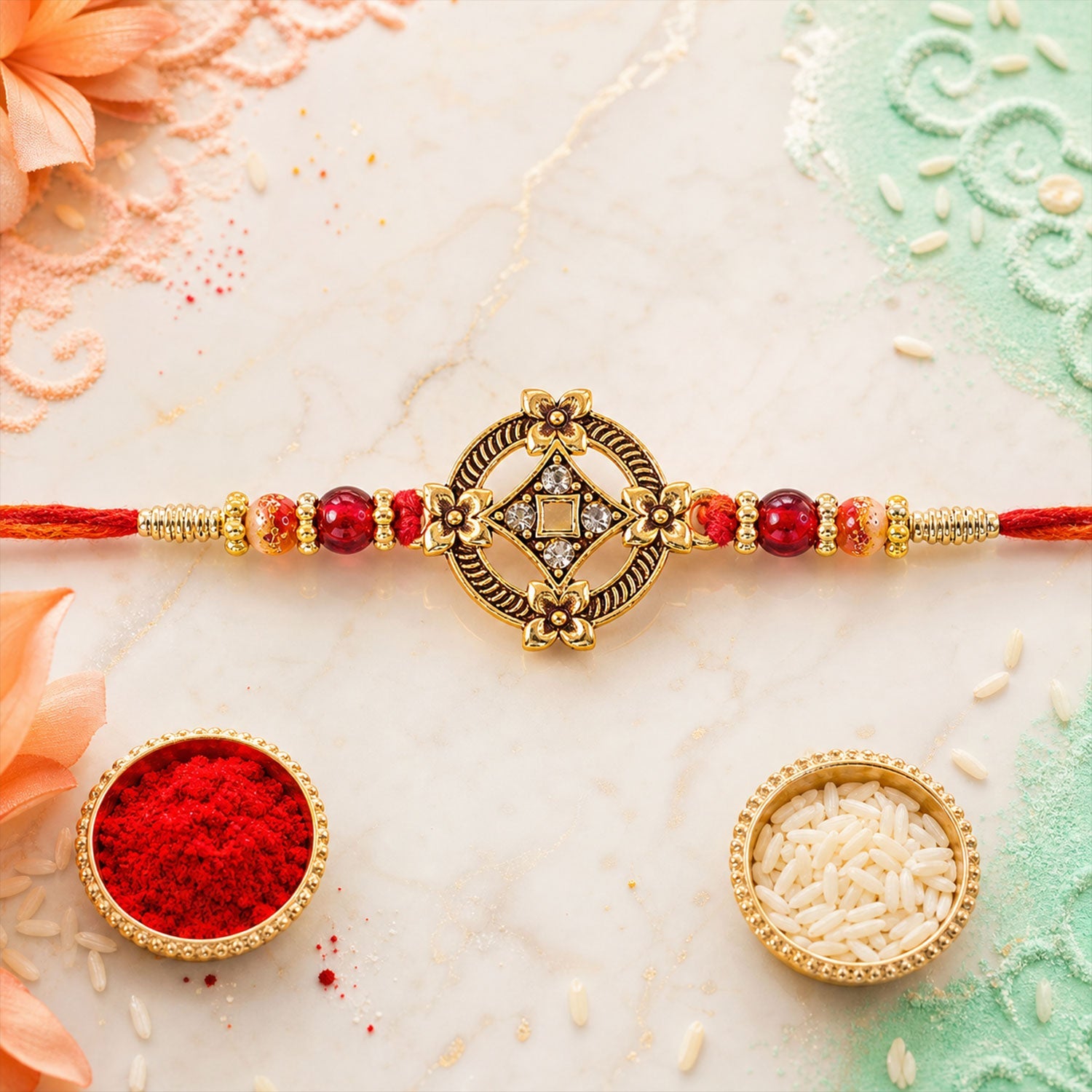 Golden Antique Floral Rakhi with Crystal Stones Rakhi for Brother
