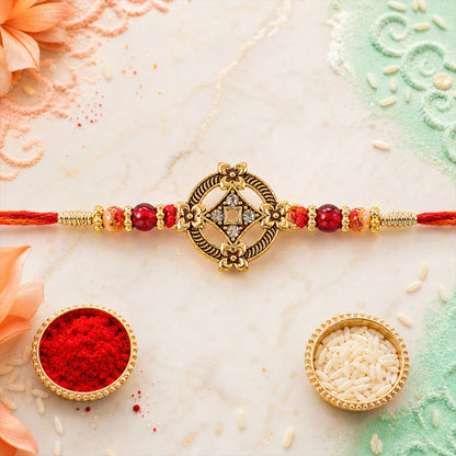 Golden Antique Floral Rakhi with Crystal Stones Rakhi for Brother