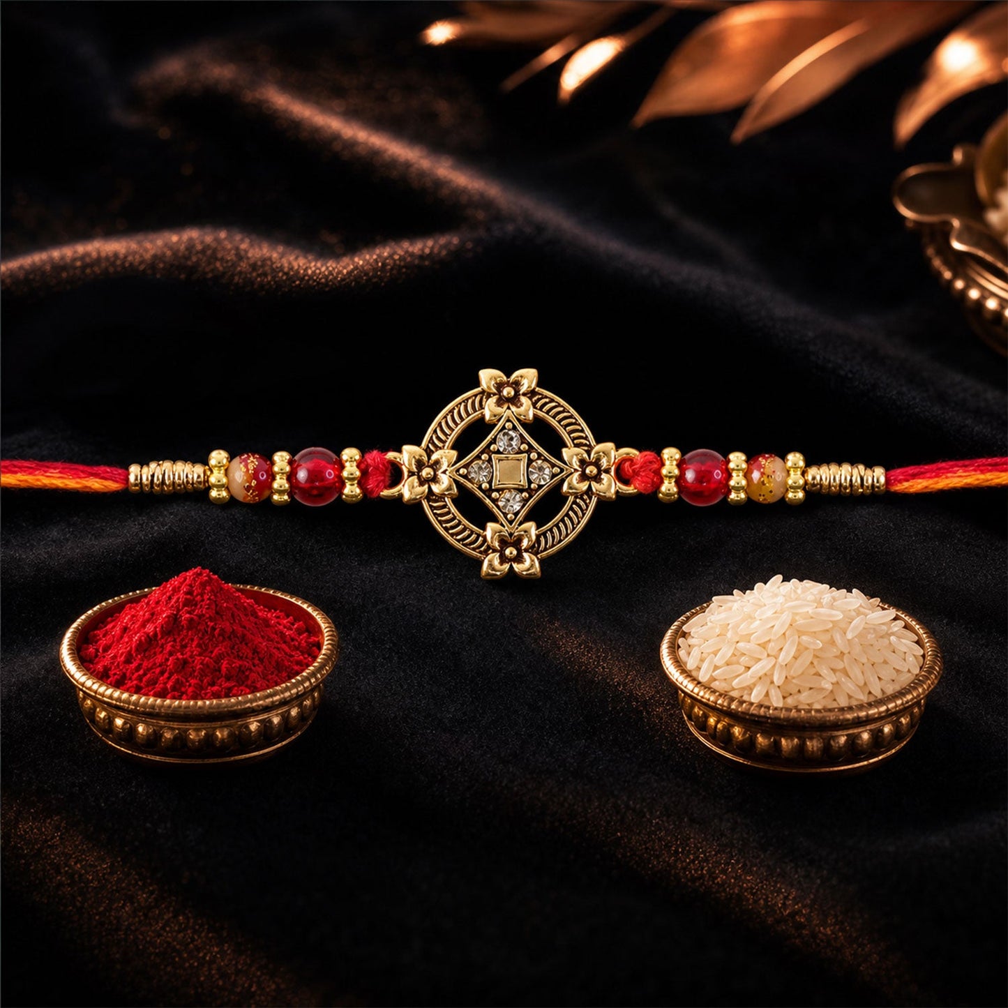 Golden Antique Floral Rakhi with Crystal Stones Rakhi for Brother