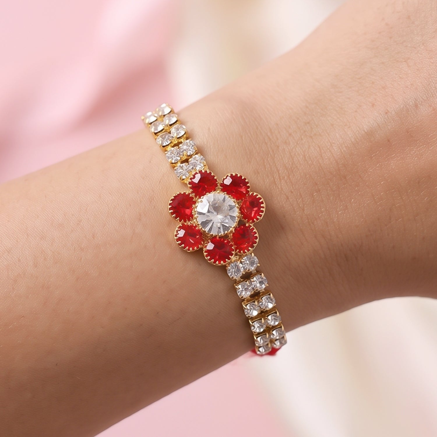 Red Flower Pearl Bracelet Rakhi for Brother Bhai Raksha Bandhan Festival Special Gift