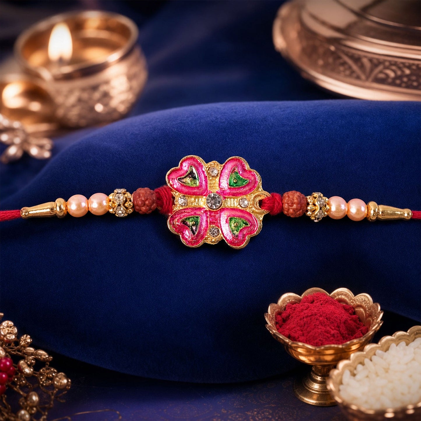 Floral Clover Stone Designer Premium Traditional Rakhi for Brother