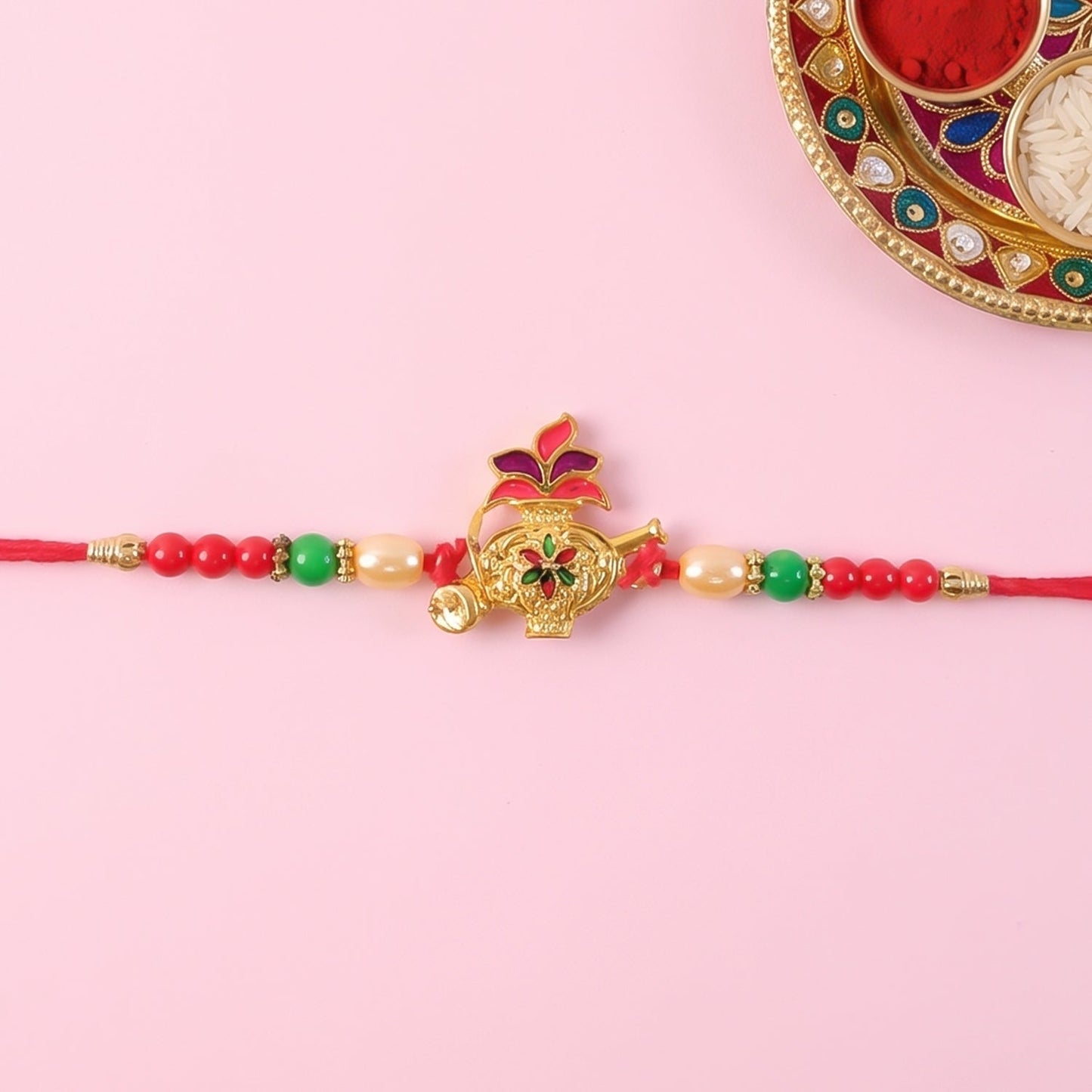 Ganesha Red Green Beads Rakhi for Brother Bhai Raksha Bandhan Festival Special Gift