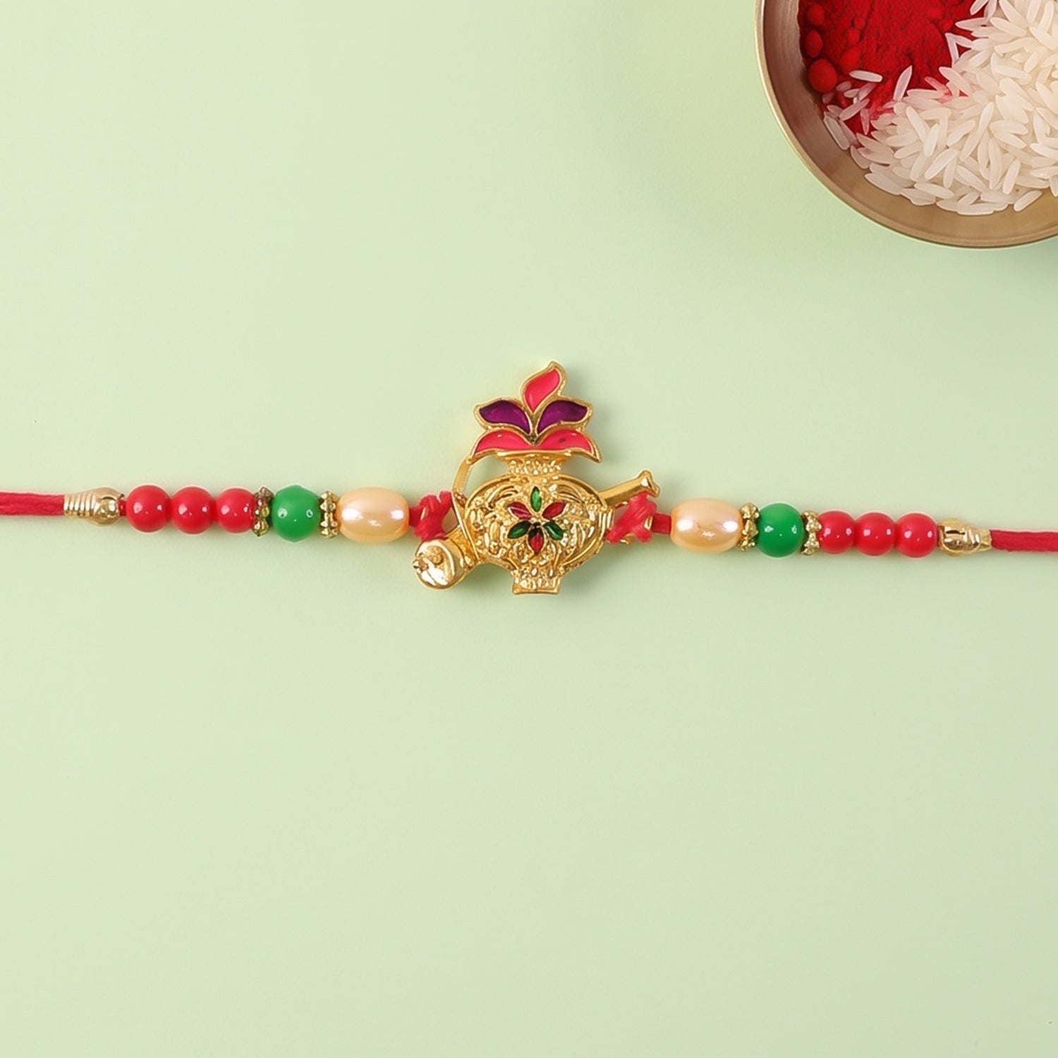 Ganesha Red Green Beads Rakhi for Brother Bhai Raksha Bandhan Festival Special Gift