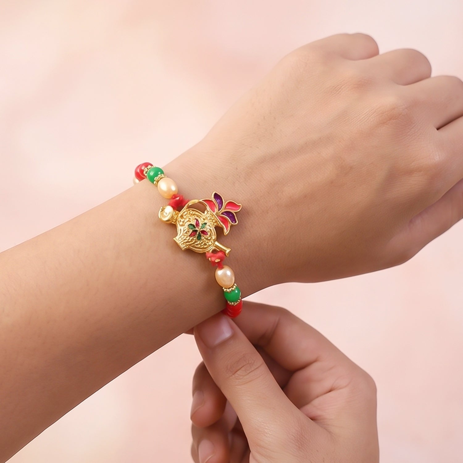 Ganesha Red Green Beads Rakhi for Brother Bhai Raksha Bandhan Festival Special Gift