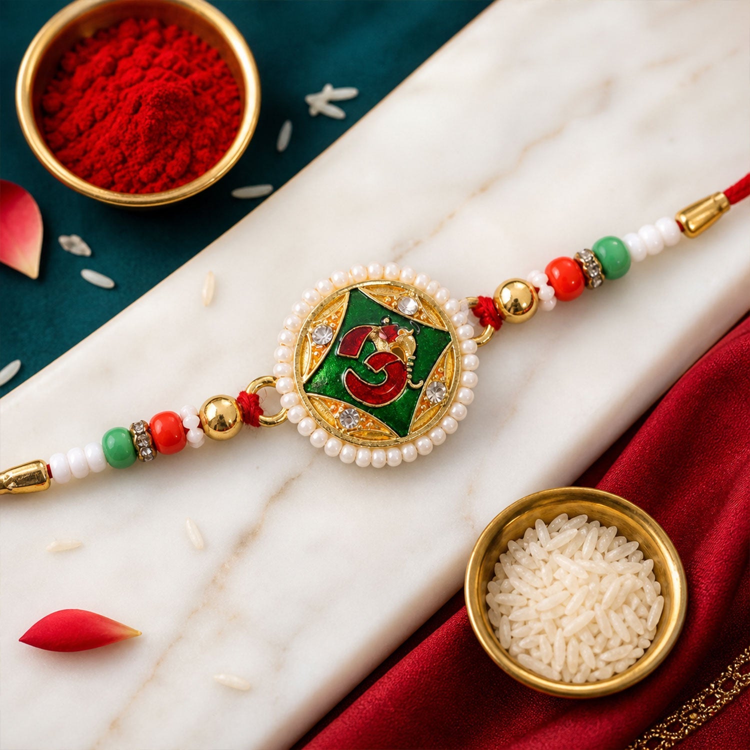 Religious Om Round Rakhi with Meenakari & Pearls – Rakhi for Brother