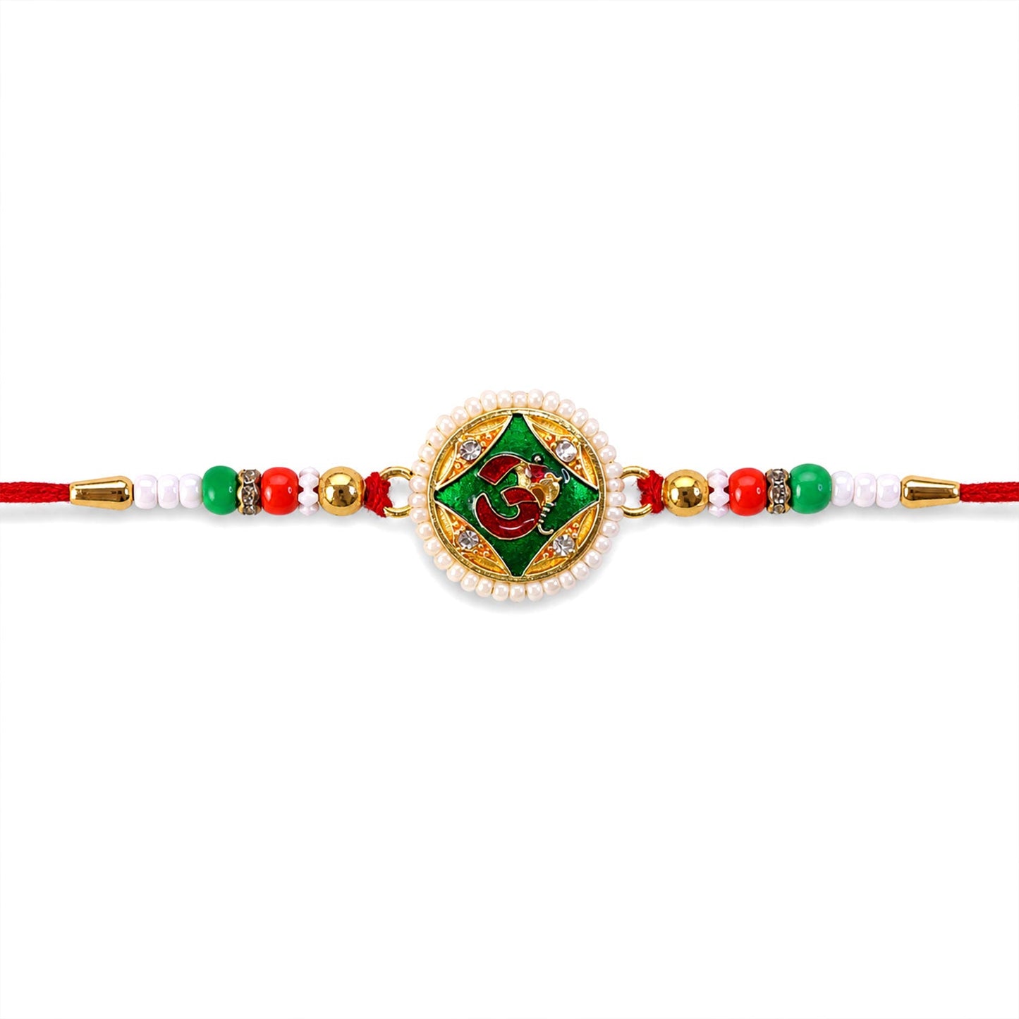 Religious Om Round Rakhi with Meenakari & Pearls – Rakhi for Brother