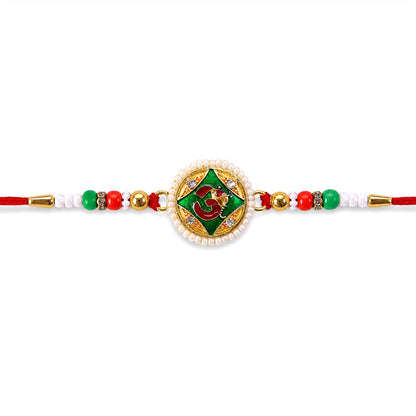 Religious Om Round Rakhi with Meenakari & Pearls – Rakhi for Brother