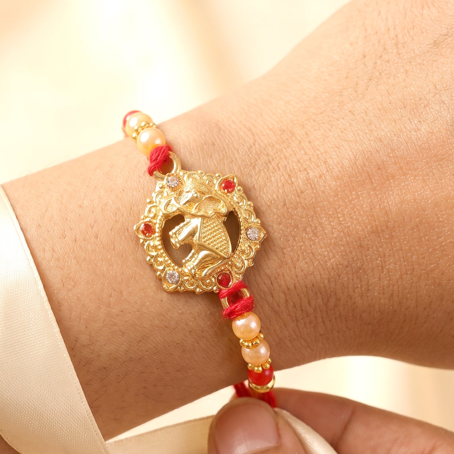Gold Floral Kundan Charm Rakhi for Brother Bhai Raksha Bandhan Festival Special Gift