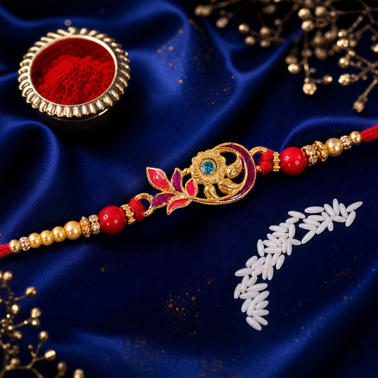 Ethnic Golden Flower Rakhi with Stone & Pearls – Rakhi for Brother