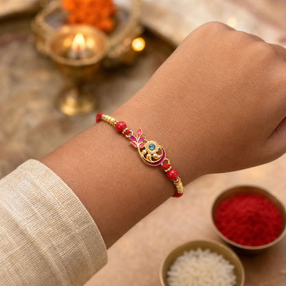 Ethnic Golden Flower Rakhi with Stone & Pearls – Rakhi for Brother