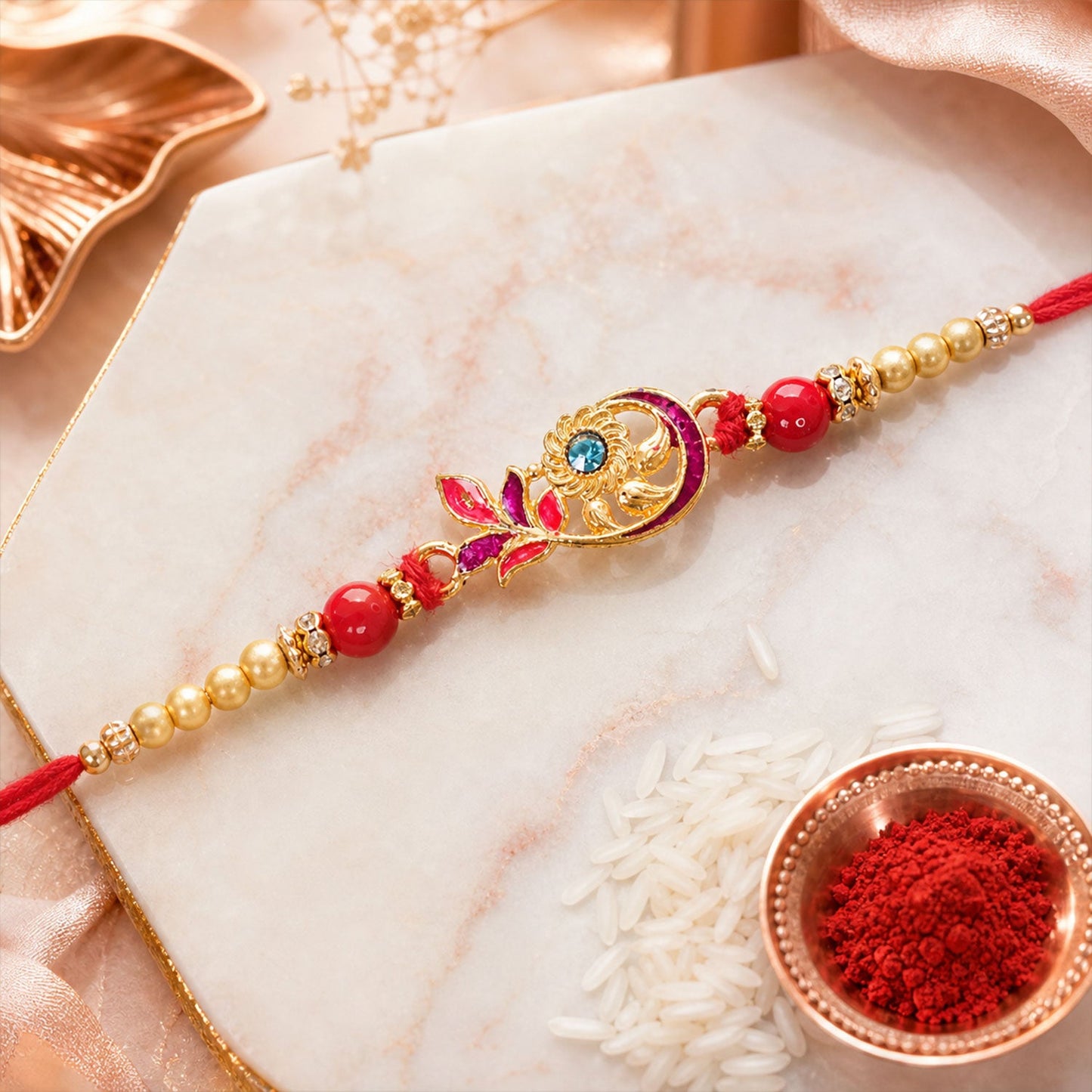 Ethnic Golden Flower Rakhi with Stone & Pearls – Rakhi for Brother