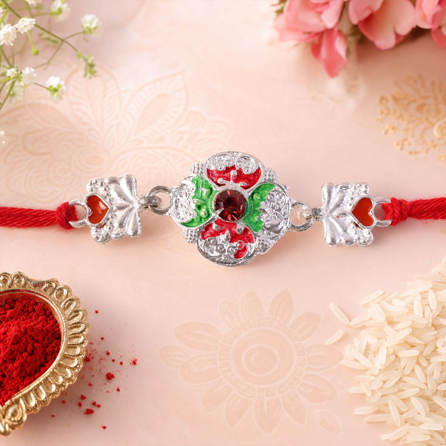 Ethnic Enamel Flower Rakhi with Stone – Rakhi for Brother