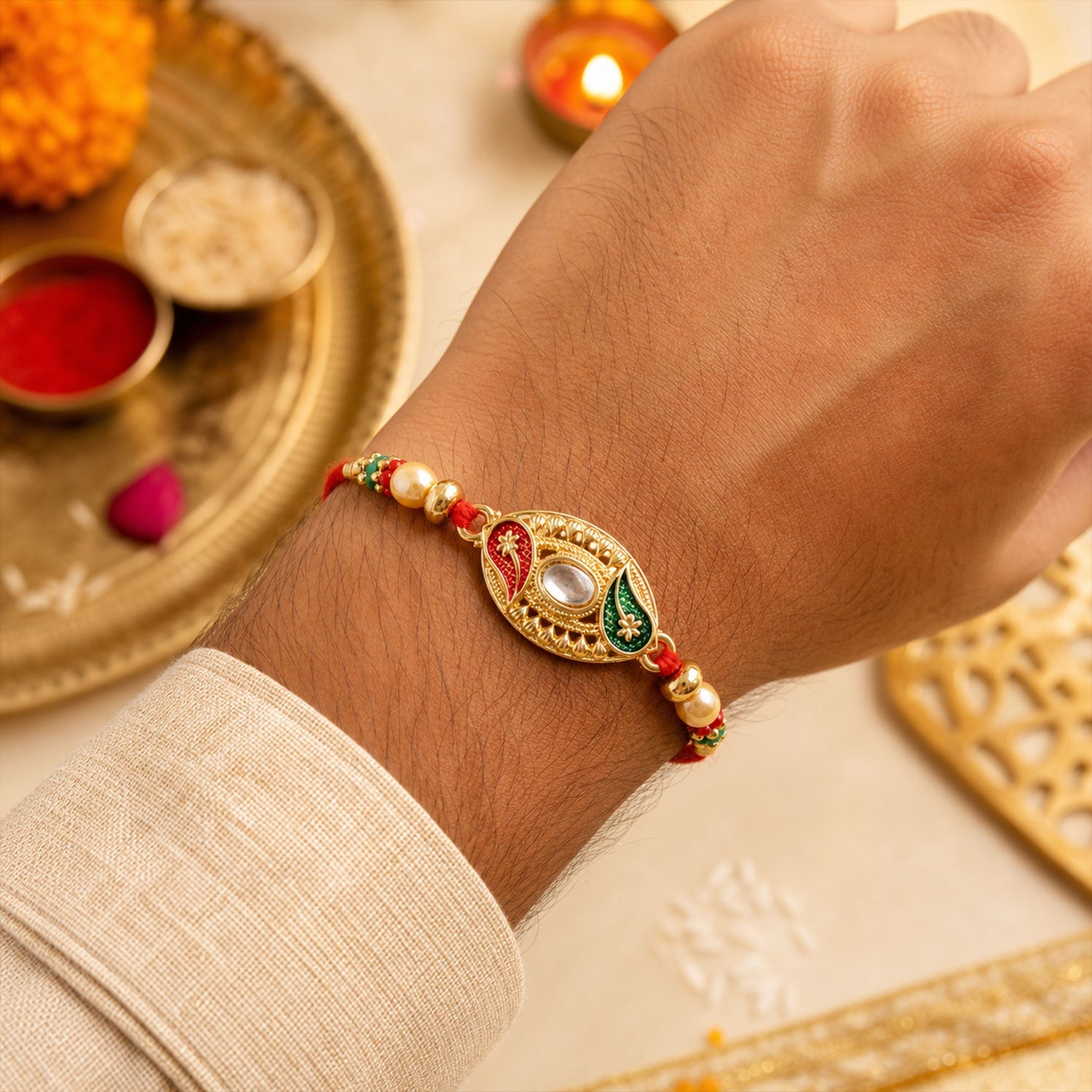Golden Kundan Oval Rakhi with Meenakari & Pearls – Rakhi for Brother