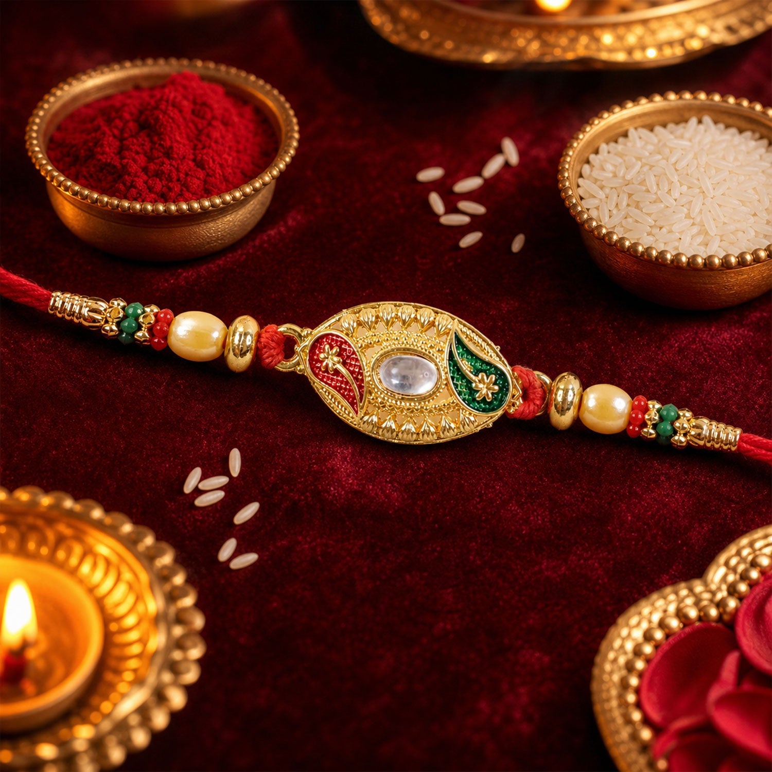 Golden Kundan Oval Rakhi with Meenakari & Pearls – Rakhi for Brother