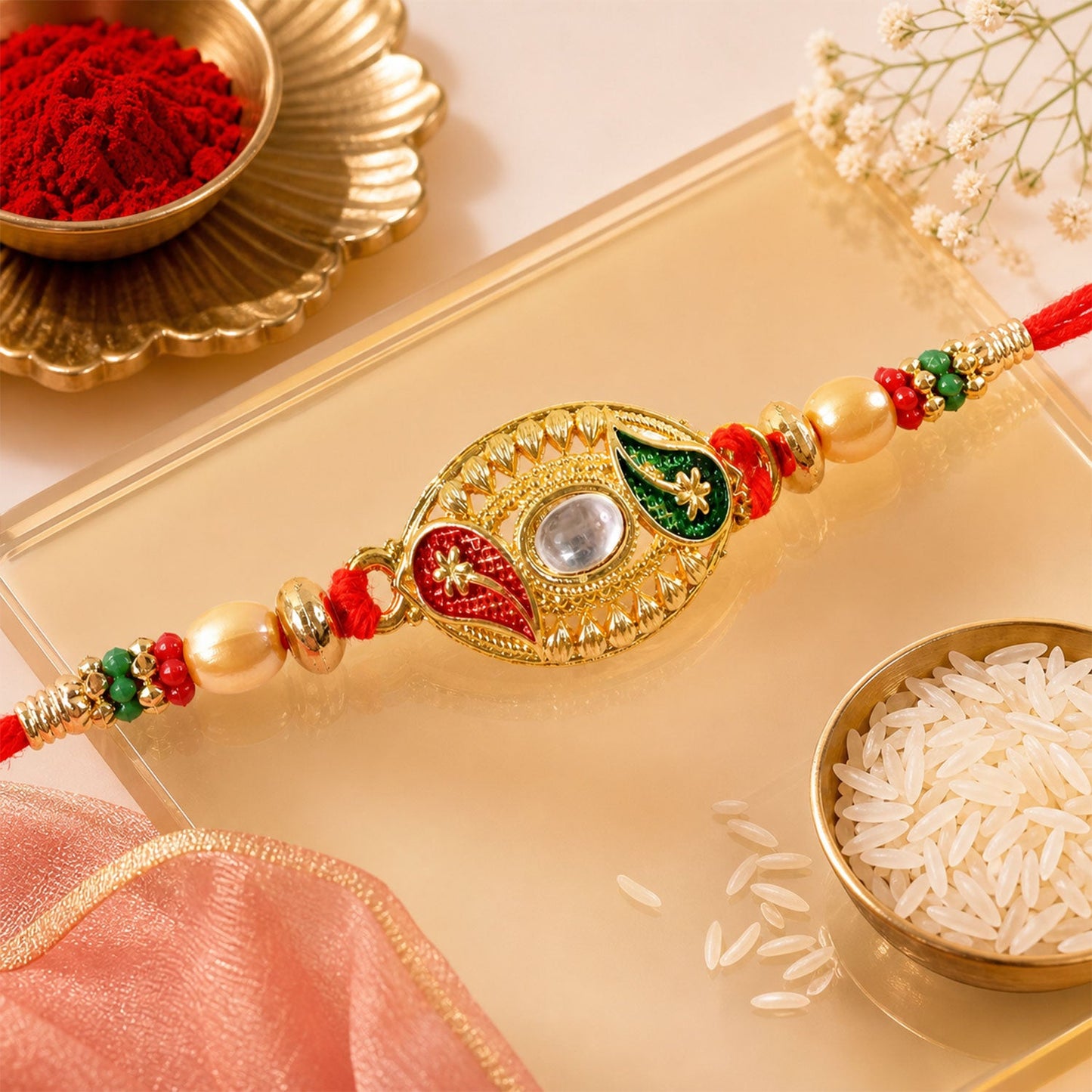 Golden Kundan Oval Rakhi with Meenakari & Pearls – Rakhi for Brother