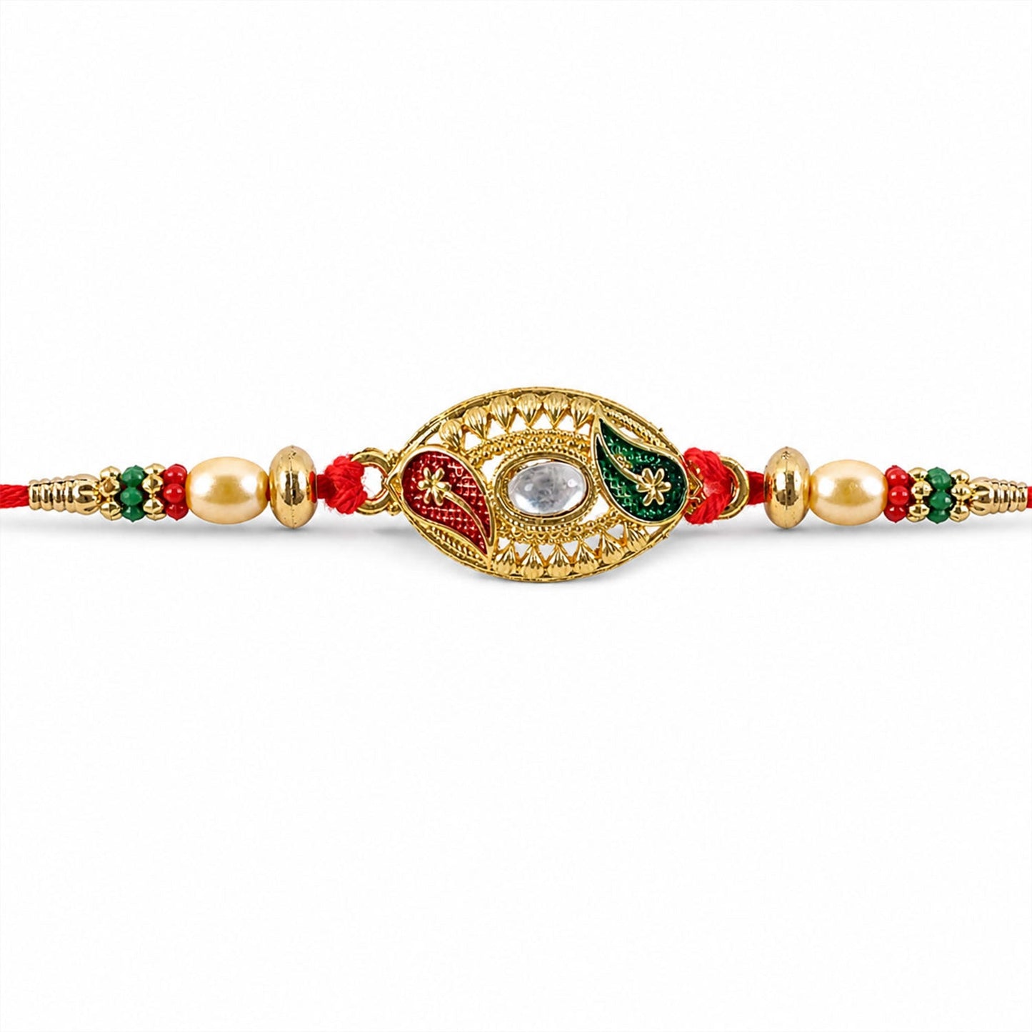 Golden Kundan Oval Rakhi with Meenakari & Pearls – Rakhi for Brother