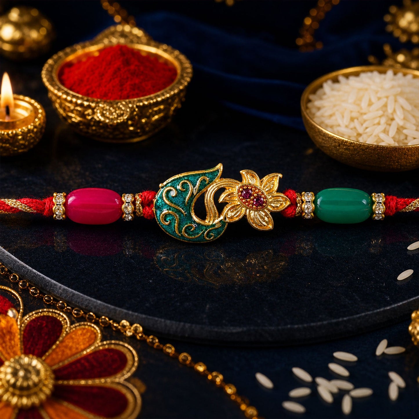 Golden Paisley Meenakari Rakhi with Stones & Beads – Rakhi for Brother