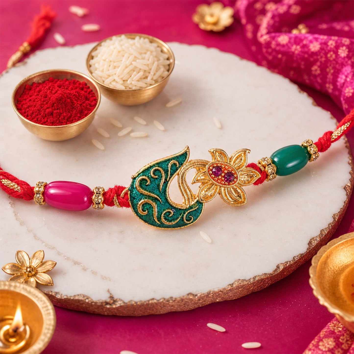 Golden Paisley Meenakari Rakhi with Stones & Beads – Rakhi for Brother