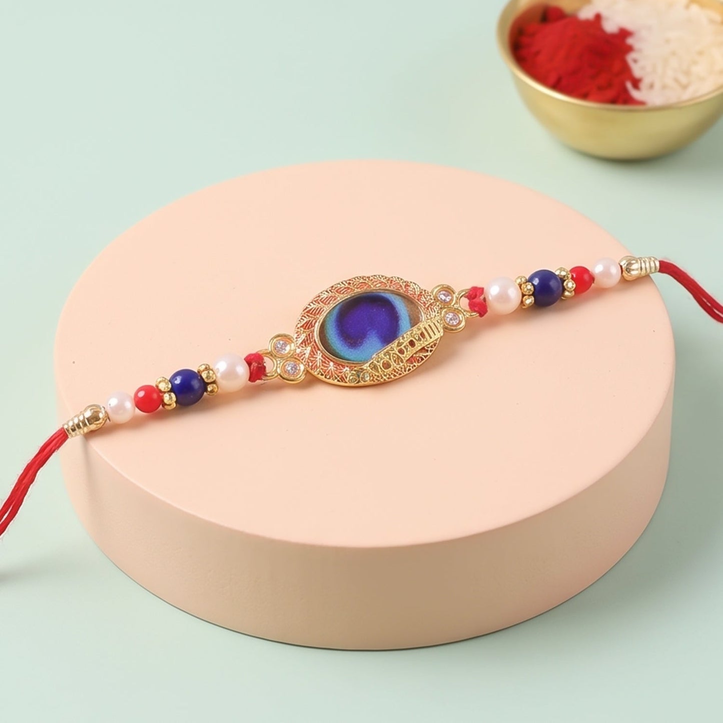 Blue Oval Stone Beads Rakhi for Brother Bhai Raksha Bandhan Festival Special Gift