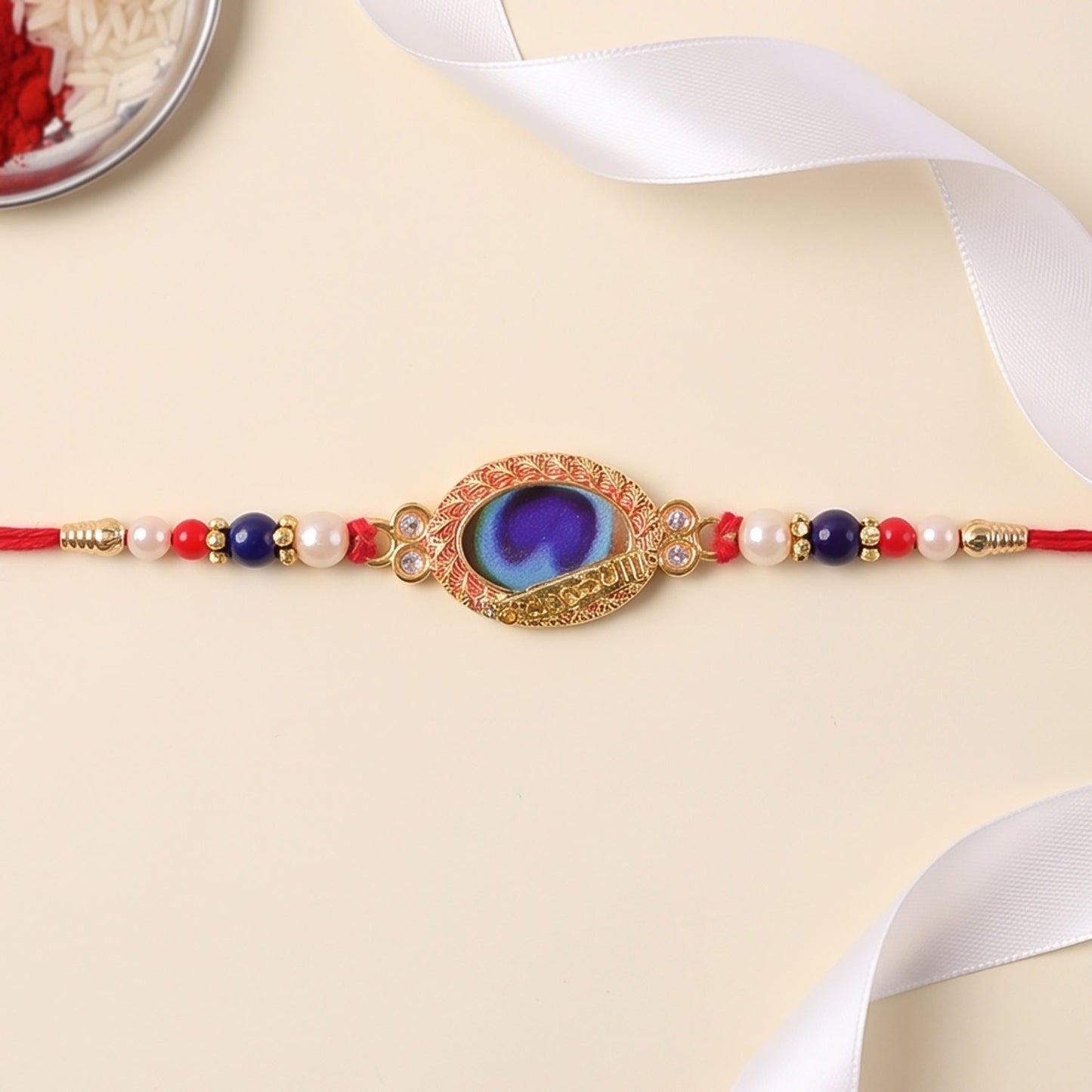 Blue Oval Stone Beads Rakhi for Brother Bhai Raksha Bandhan Festival Special Gift