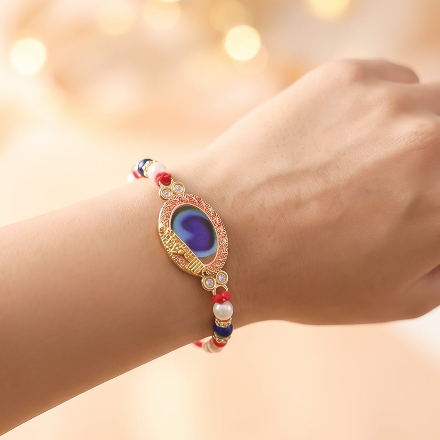 Blue Oval Stone Beads Rakhi for Brother Bhai Raksha Bandhan Festival Special Gift