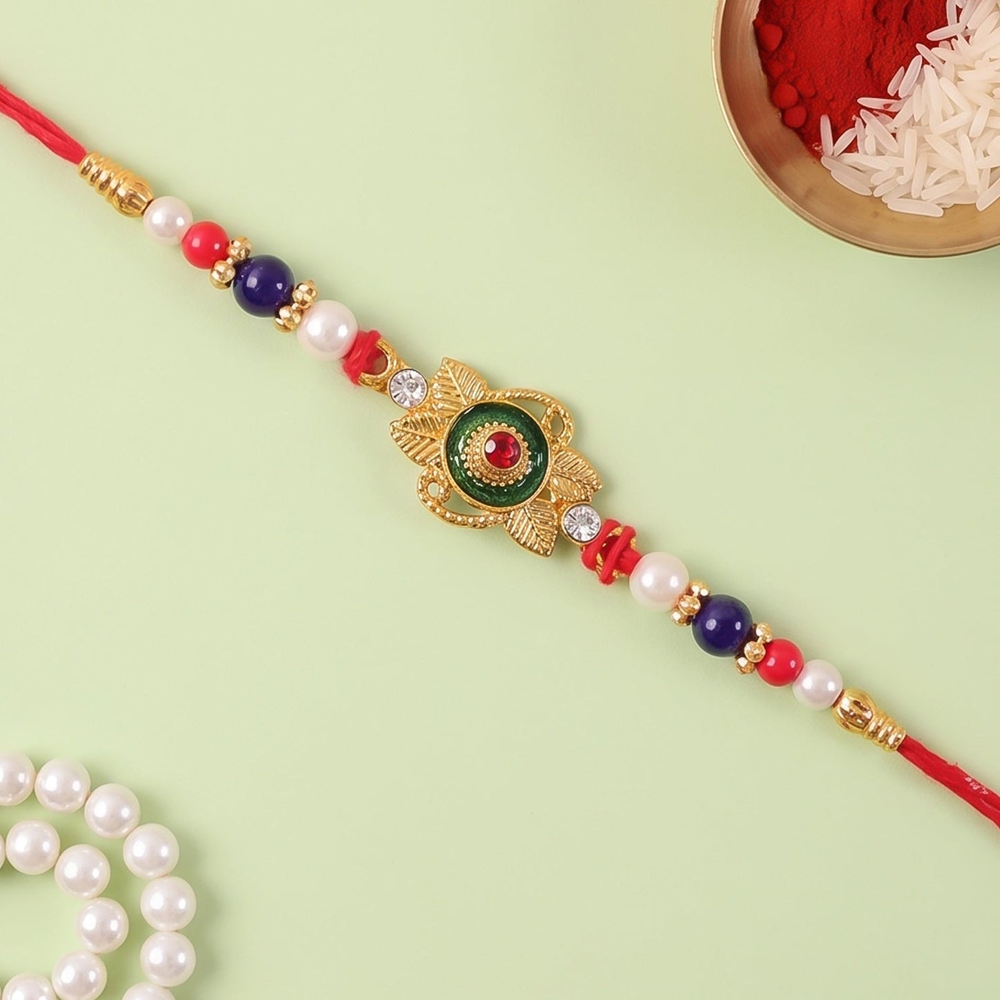 Green Kundan Beads Charm Rakhi for Brother Bhai Raksha Bandhan Festival Special Gift
