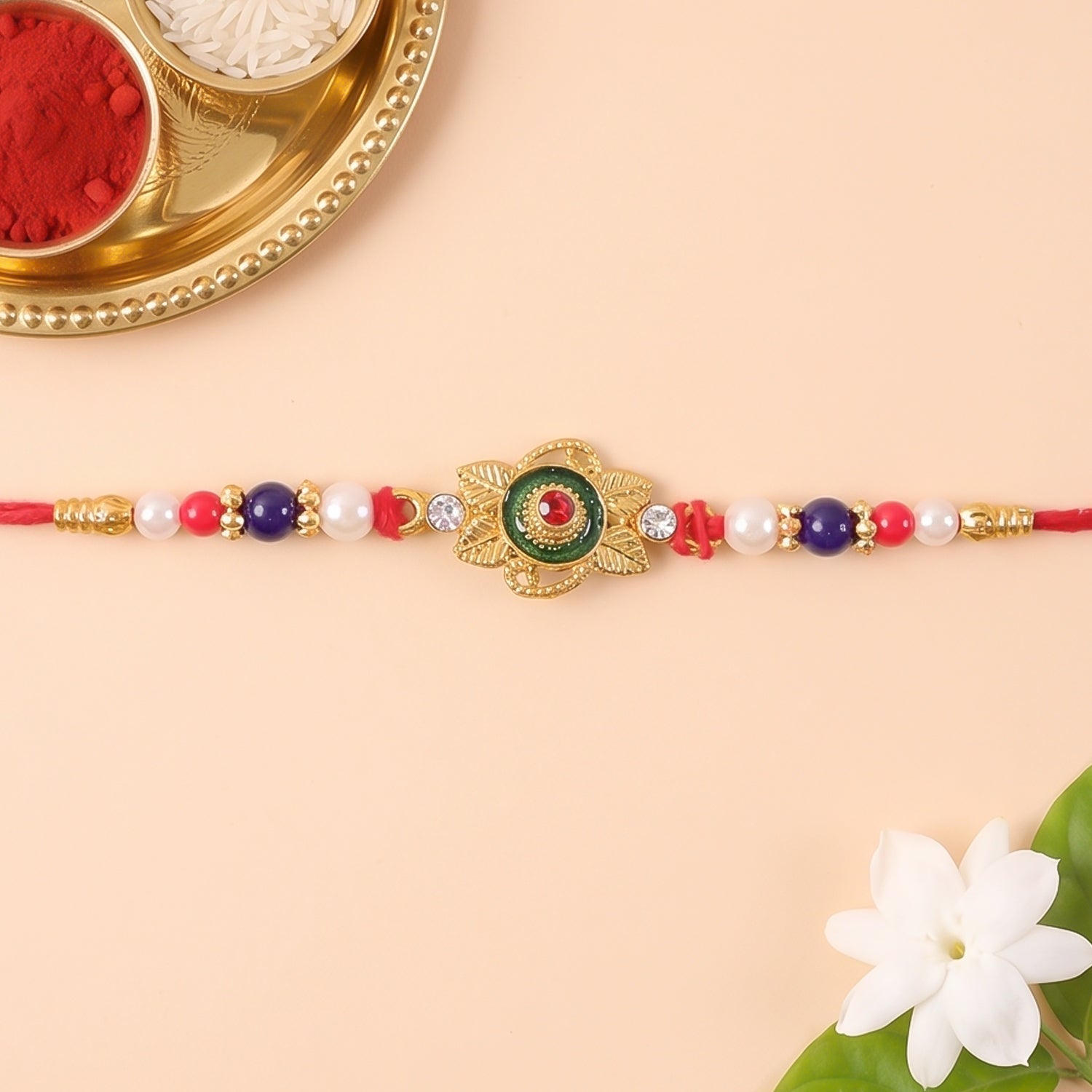 Green Kundan Beads Charm Rakhi for Brother Bhai Raksha Bandhan Festival Special Gift