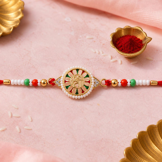 Round Design Shree Charm Stone Studded Premium Designer Traditional Rakhi for Brother