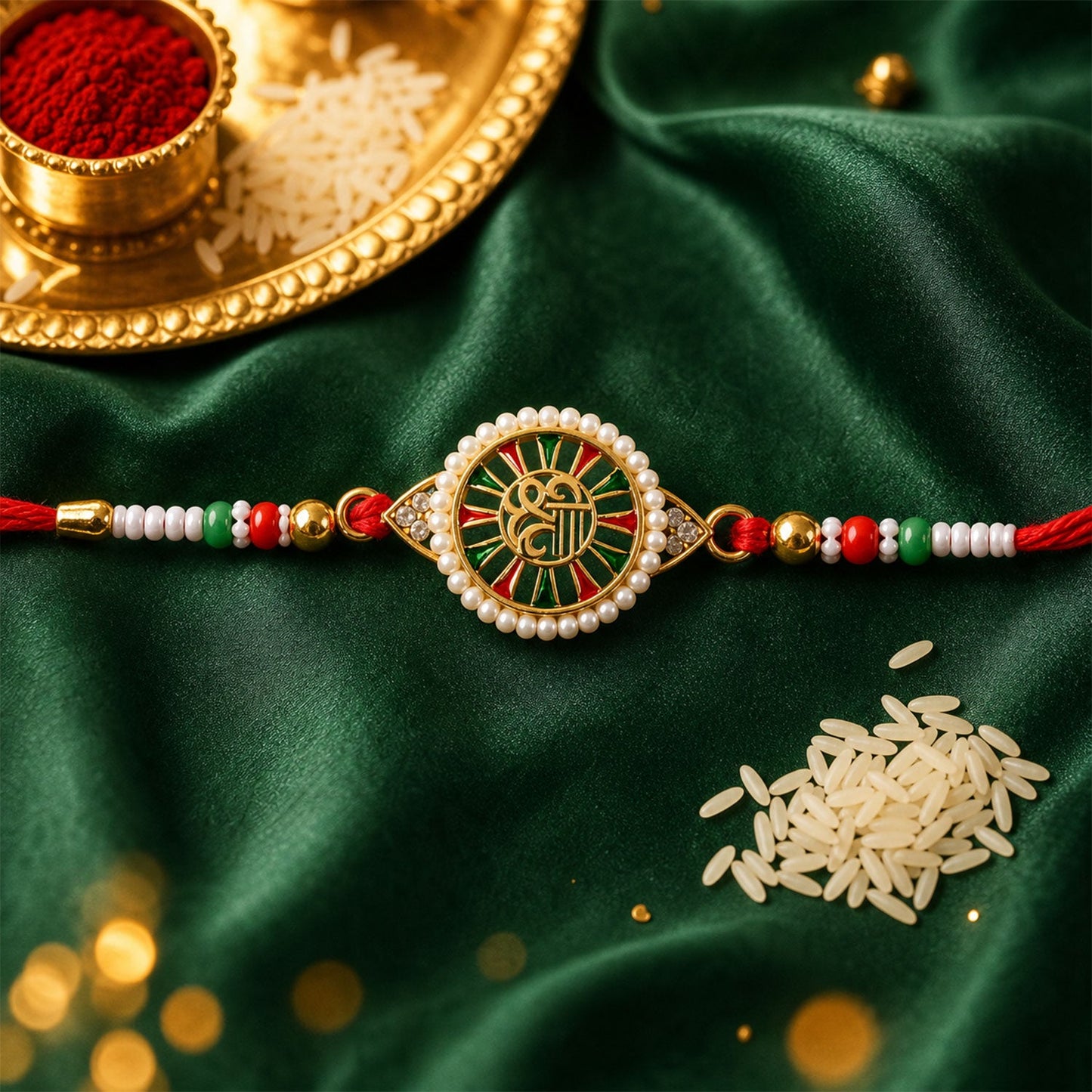 Round Design Shree Charm Stone Studded Premium Designer Traditional Rakhi for Brother