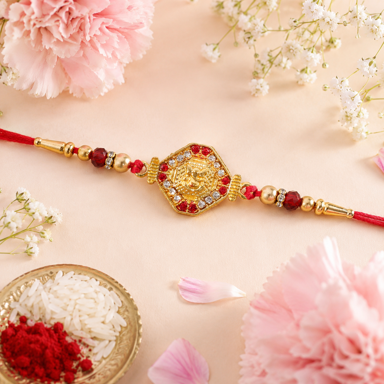 Golden Ganpati Motif Rakhi with Stone Studded Design Rakhi for Brother