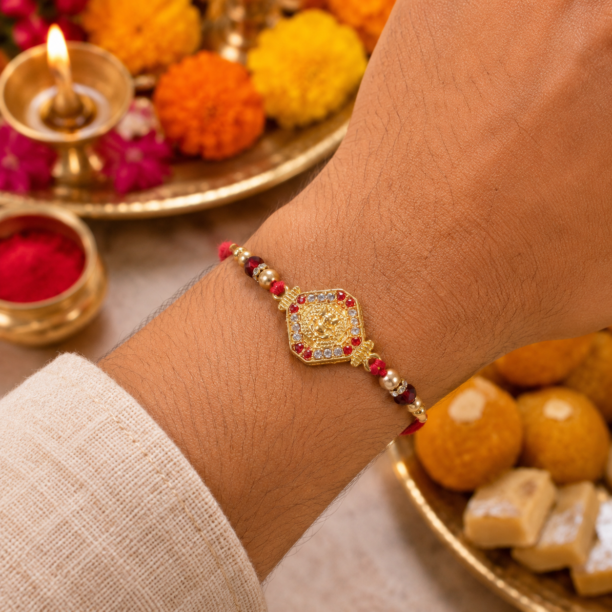 Golden Ganpati Motif Rakhi with Stone Studded Design Rakhi for Brother