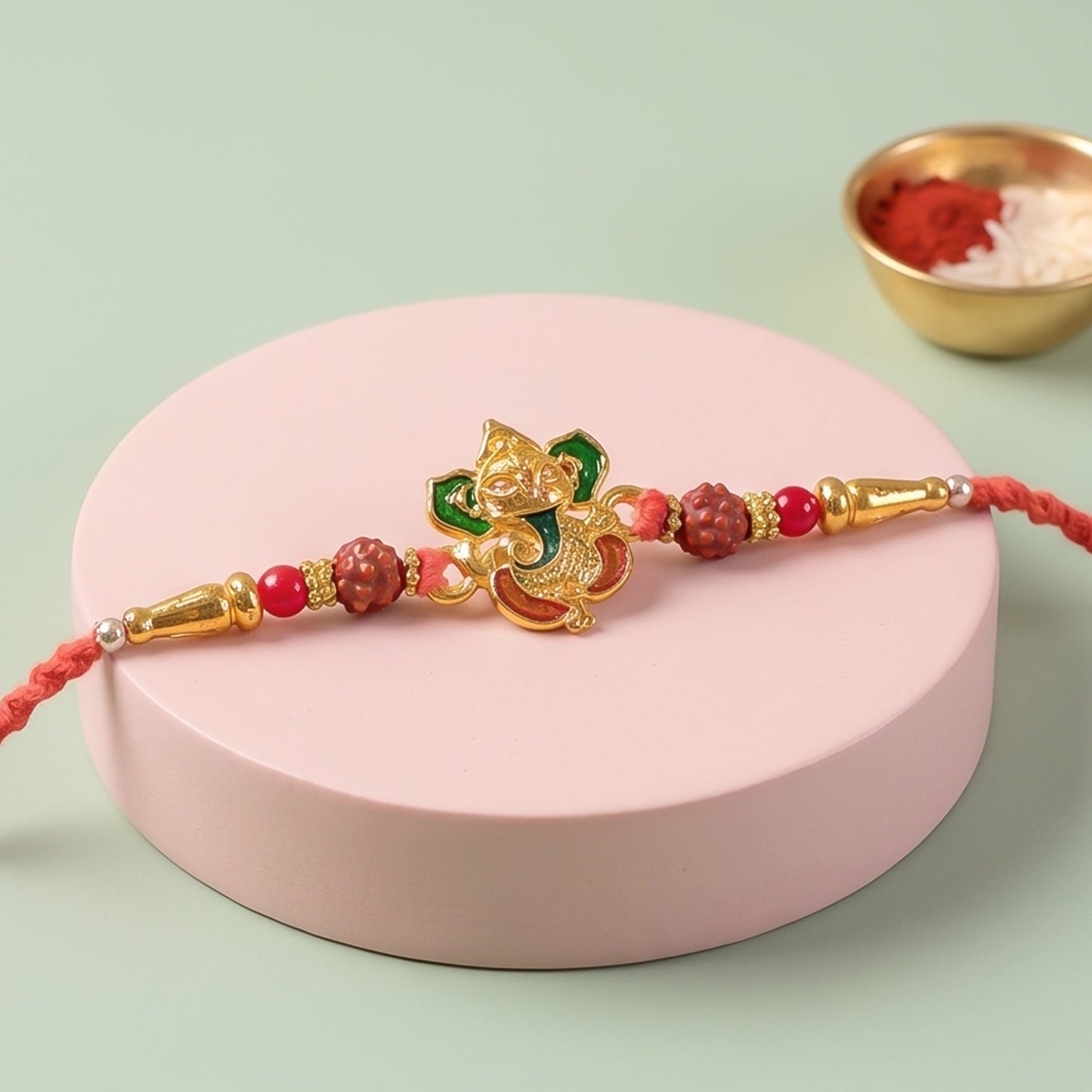 Om Ganesha Red Beads Rakhi for Brother Bhai Raksha Bandhan Festival Special Gift