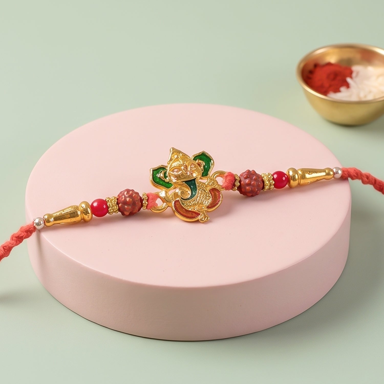 Om Ganesha Red Beads Rakhi for Brother Bhai Raksha Bandhan Festival Special Gift