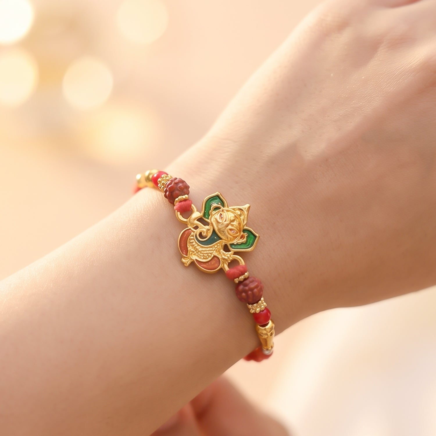 Om Ganesha Red Beads Rakhi for Brother Bhai Raksha Bandhan Festival Special Gift