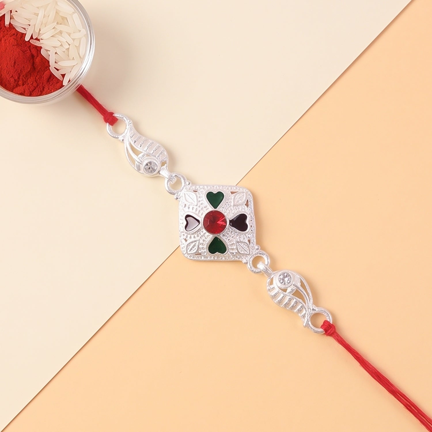 Silver Floral Stone Charm Rakhi for Brother Bhai Raksha Bandhan Festival Special Gift