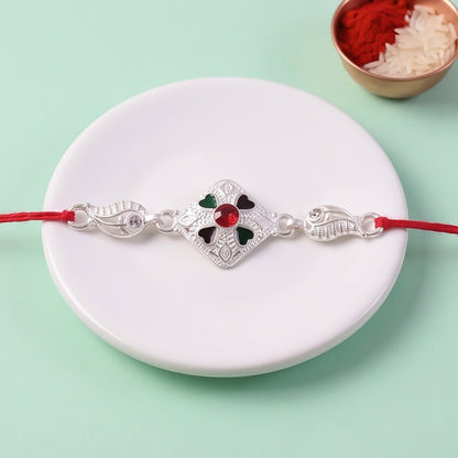 Silver Floral Stone Charm Rakhi for Brother Bhai Raksha Bandhan Festival Special Gift