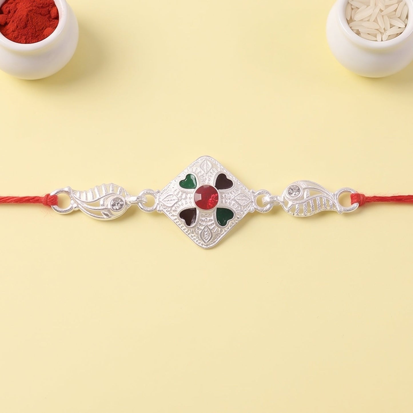 Silver Floral Stone Charm Rakhi for Brother Bhai Raksha Bandhan Festival Special Gift