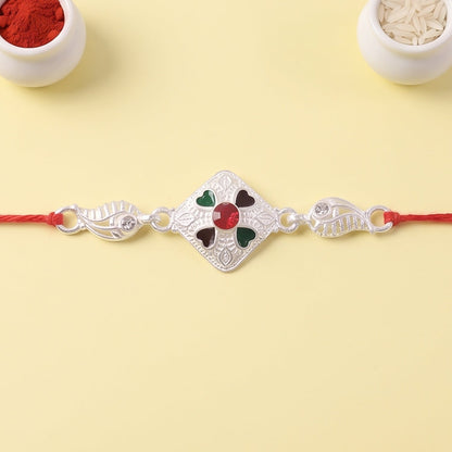 Silver Floral Stone Charm Rakhi for Brother Bhai Raksha Bandhan Festival Special Gift