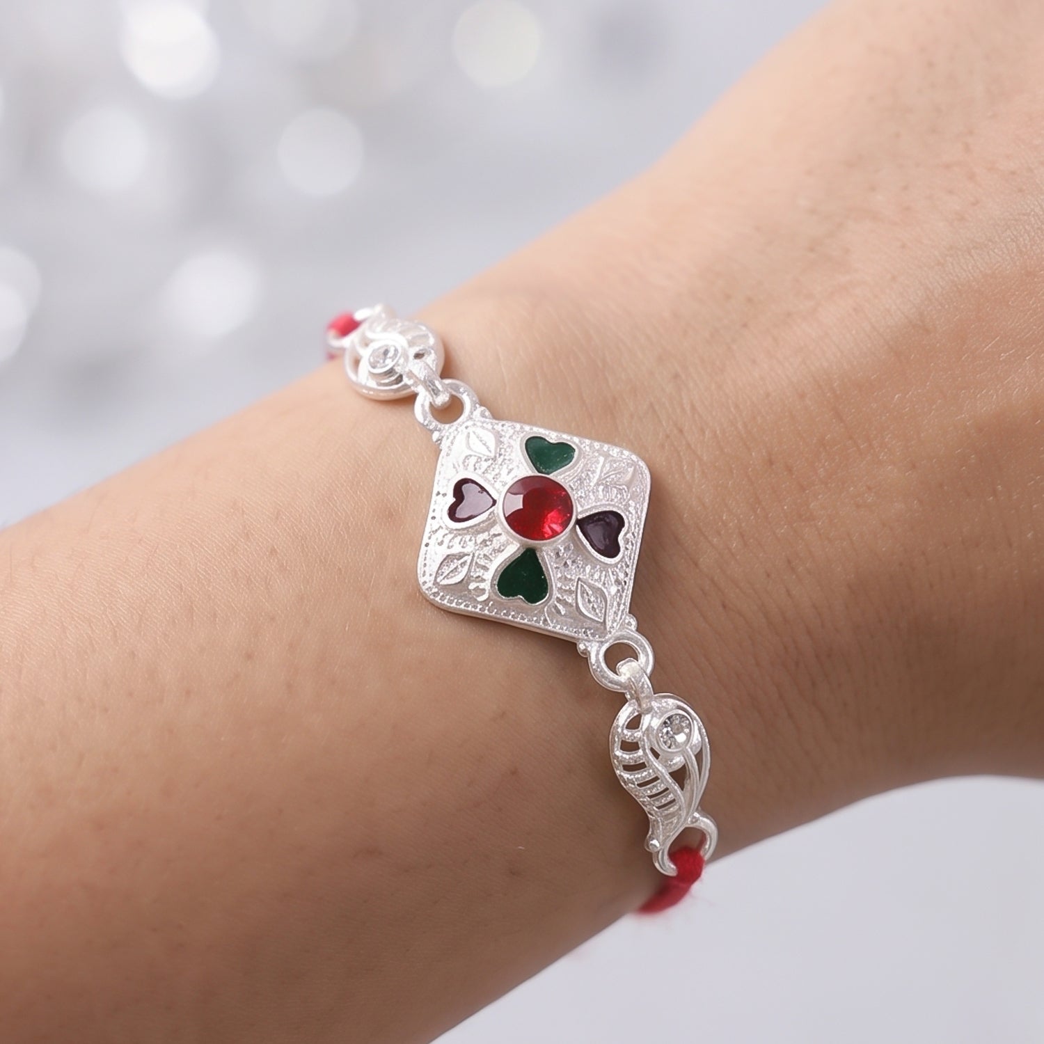 Silver Floral Stone Charm Rakhi for Brother Bhai Raksha Bandhan Festival Special Gift