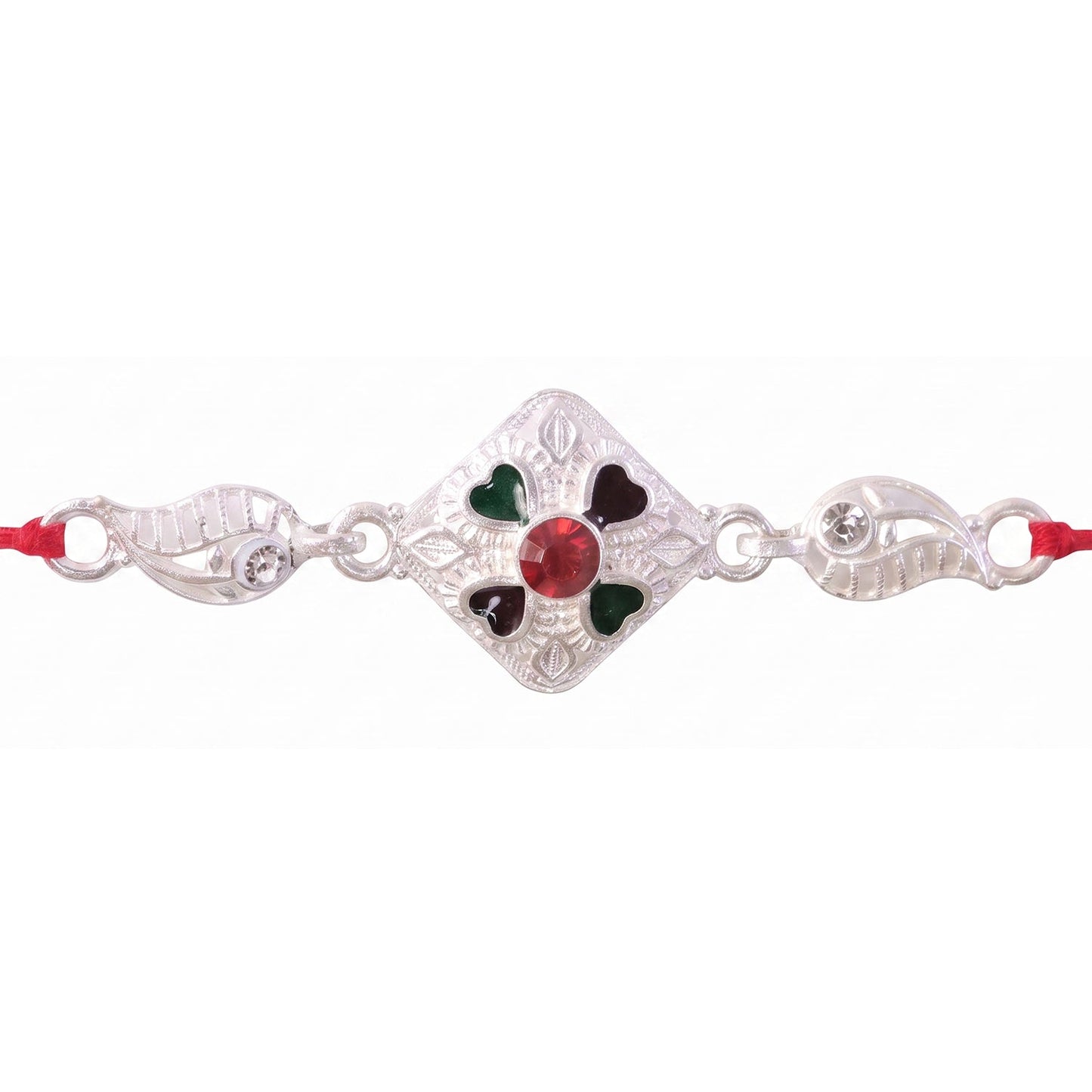 Silver Floral Stone Charm Rakhi for Brother Bhai Raksha Bandhan Festival Special Gift