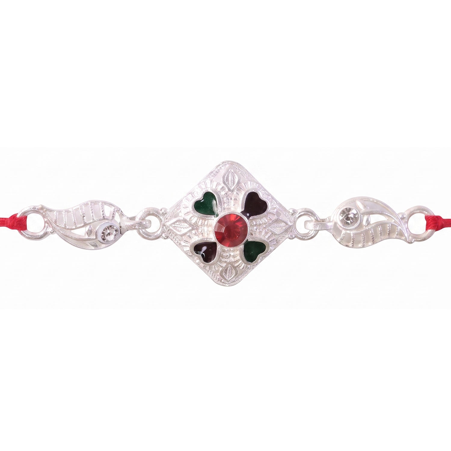 Silver Floral Stone Charm Rakhi for Brother Bhai Raksha Bandhan Festival Special Gift
