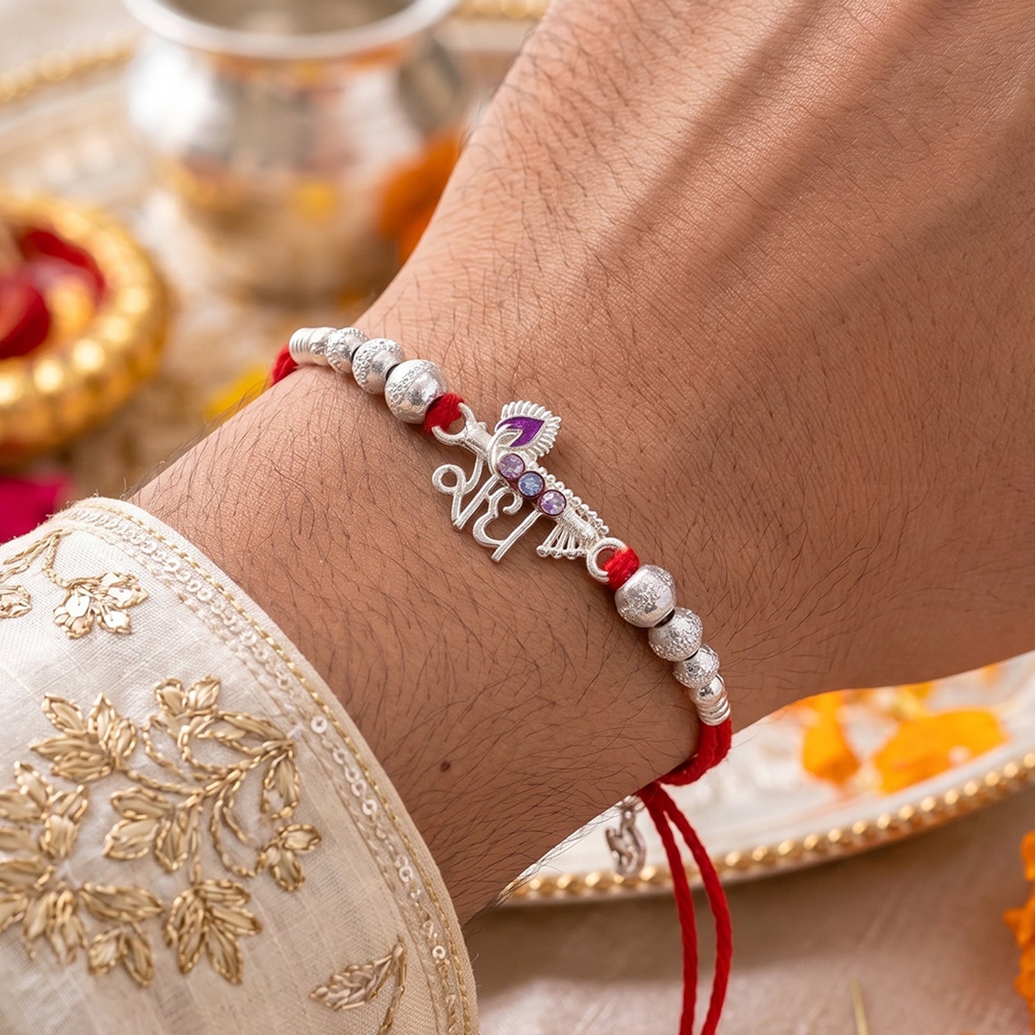 Silver Bhai Pearl Charm Rakhi for Brother Bhai Raksha Bandhan Festival Special Gift