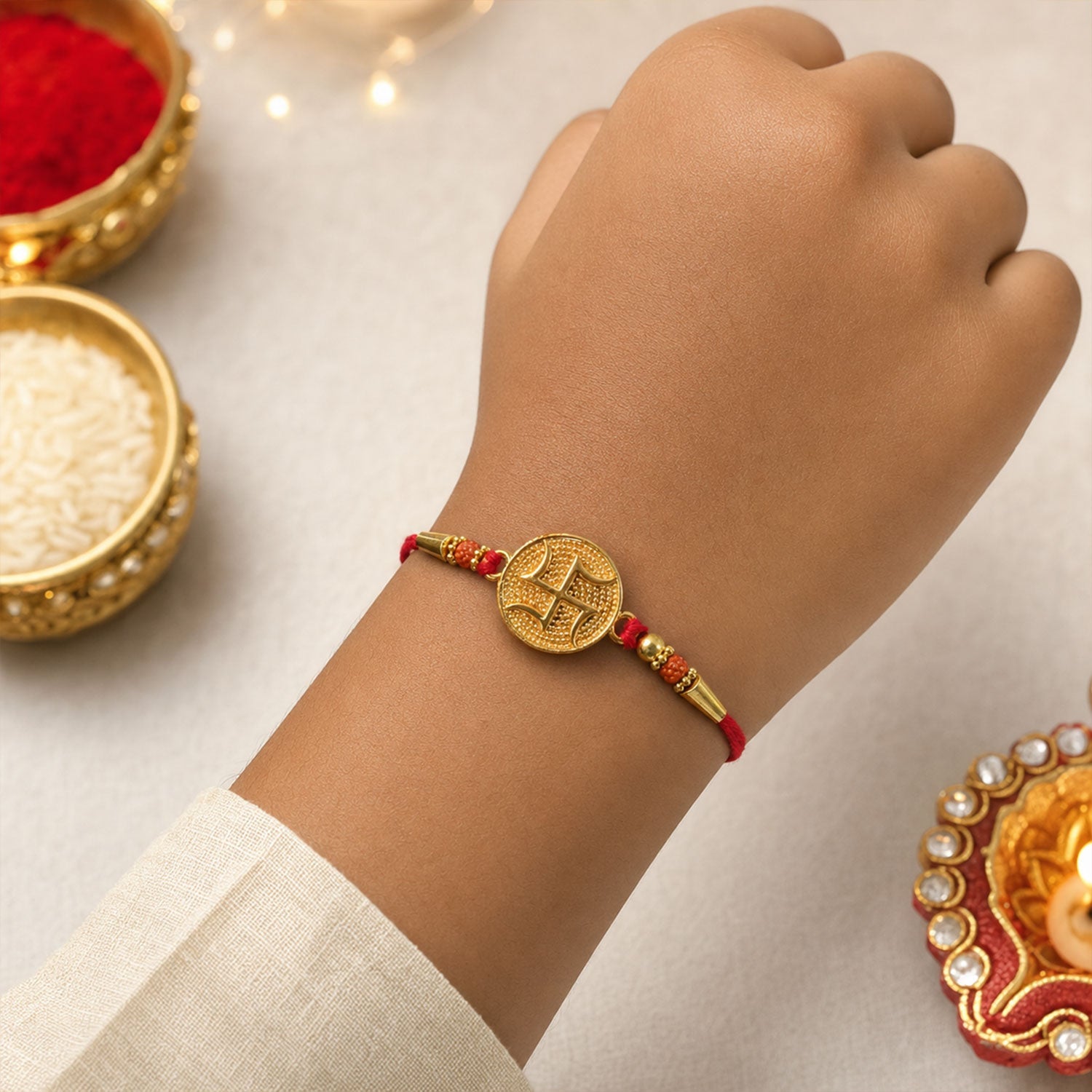 Swastik Round Beaded Designer Premium Traditional Rakhi for Brother