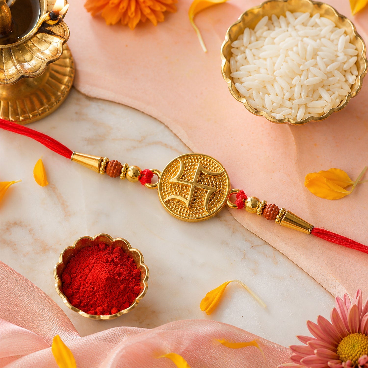 Swastik Round Beaded Designer Premium Traditional Rakhi for Brother