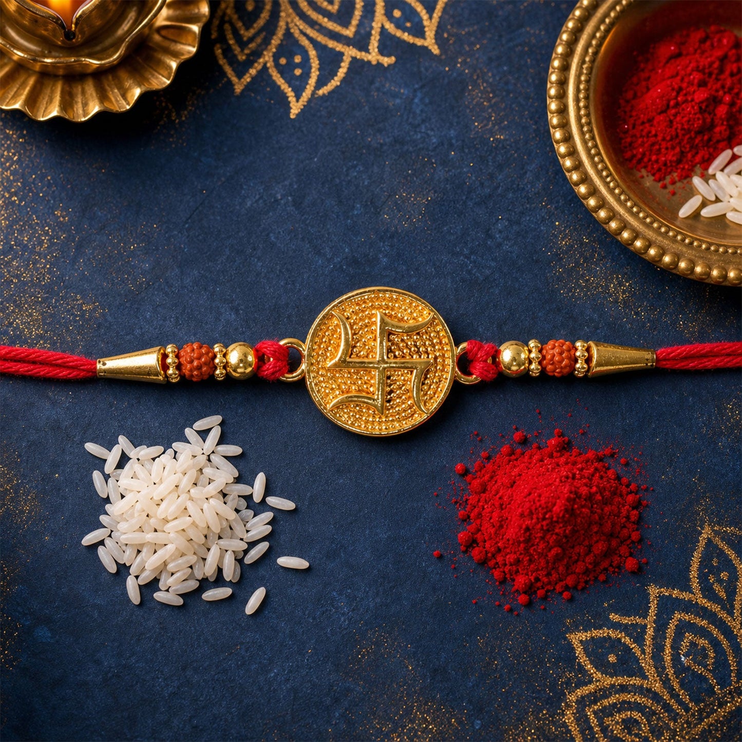 Swastik Round Beaded Designer Premium Traditional Rakhi for Brother