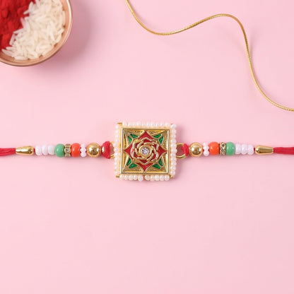 Square Floral Kundan Rakhi for Brother Bhai Raksha Bandhan Festival Special Gift